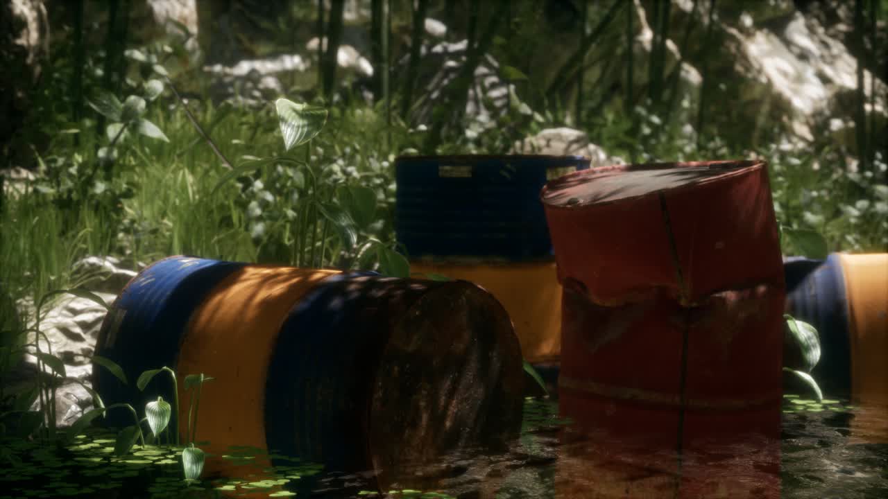 barriles oxidados en el bosque verde
