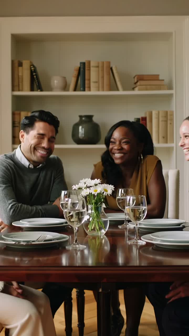 Vertical video: Laughing woman in mustard top reacting to joke at dining table with daisies