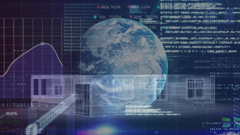 animation of globe, statistics and data processing over house