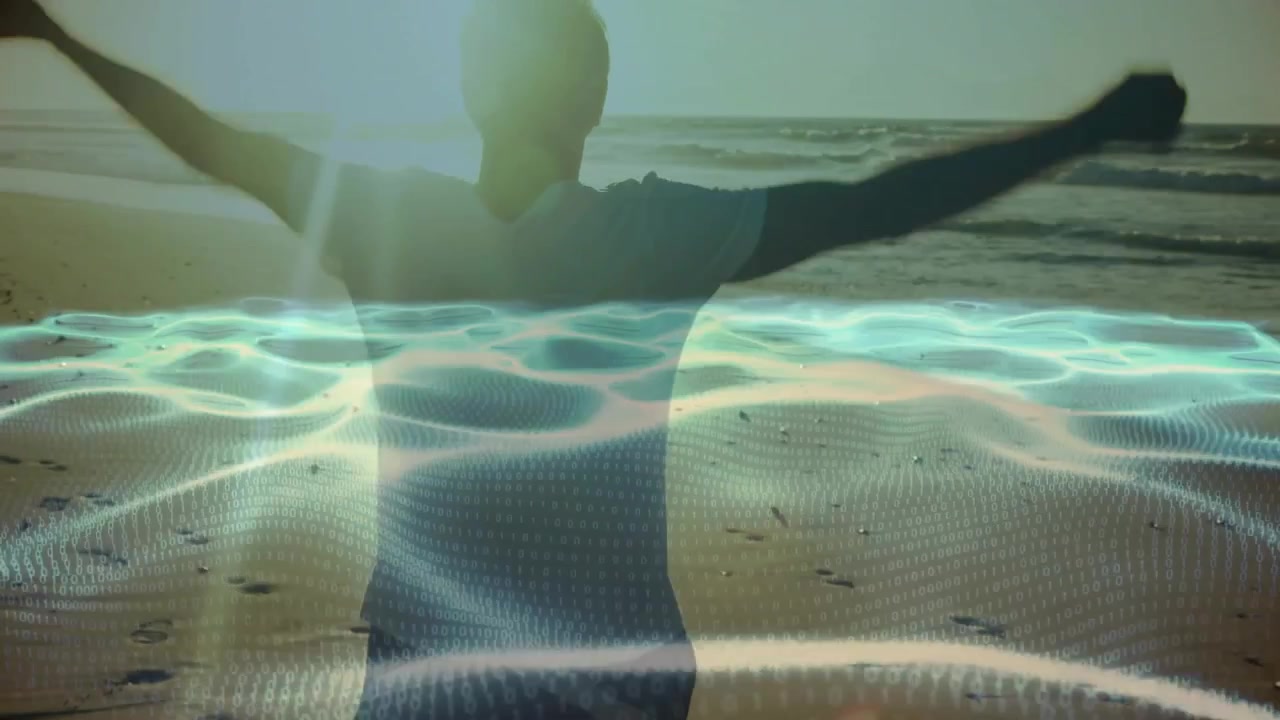 Oudere man loopt langs de kust bij laagwater, waarbij een geanimeerd golfpatroon wordt gegenereerd voor een technologiethema.