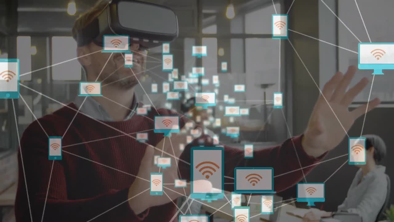 animación de conexiones con iconos sobre el hombre caucásico en auriculares vr