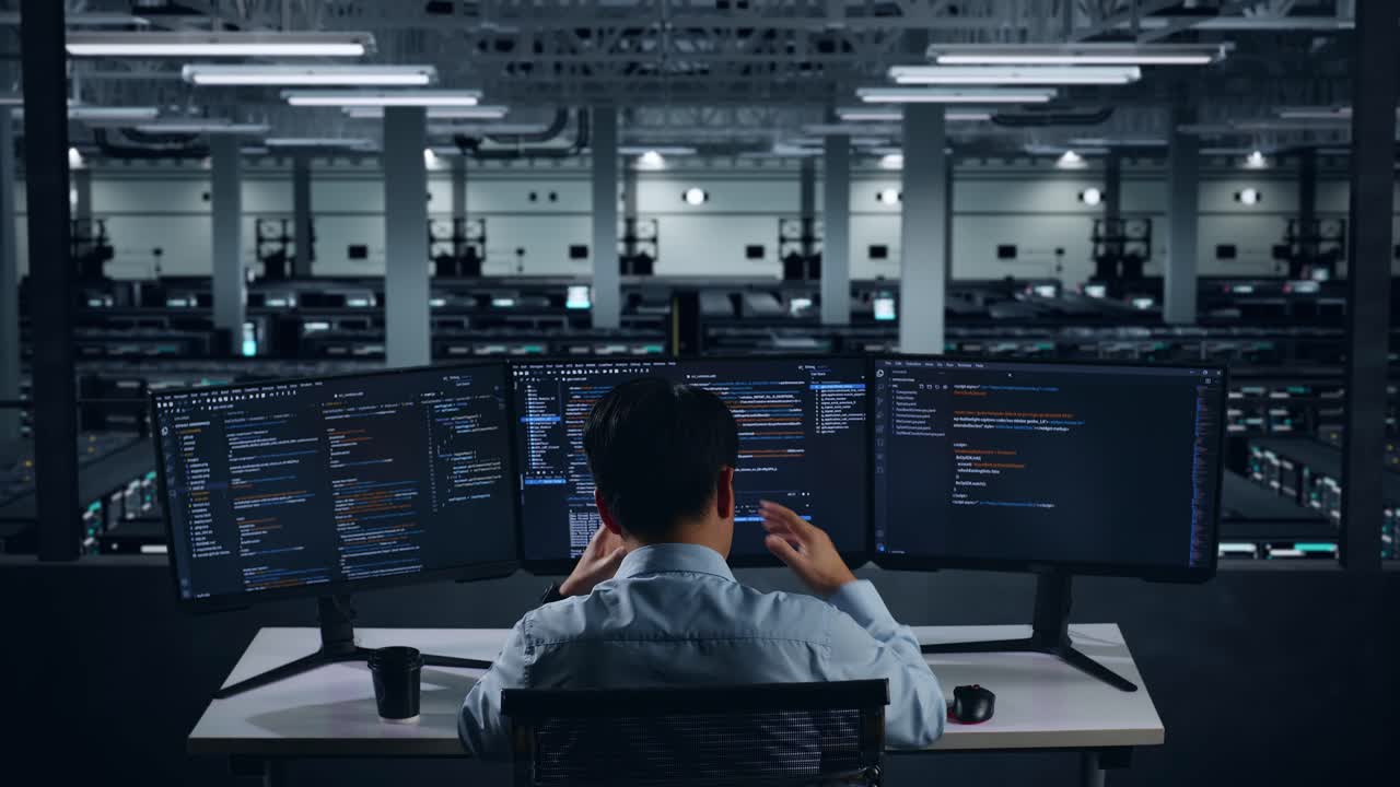 Back View Of Asian Man Developer Having Headache While Write Code With Multiple Computer Screens In Data Center