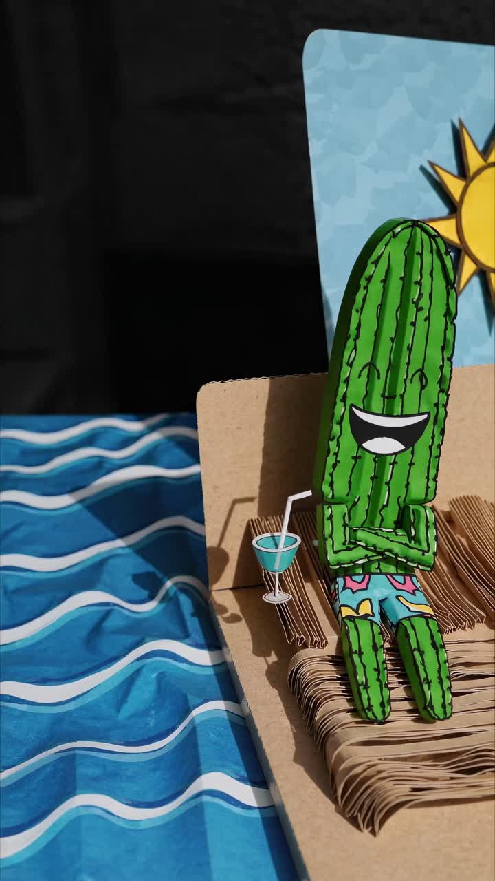 Cartoon cactus wearing colorful swimming trunks is lying on a cardboard sunbed, holding a blue cocktail and enjoying summer vacations under a yellow sun near a blue sea