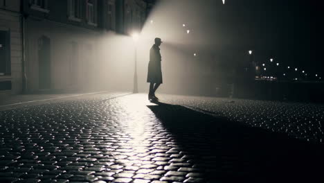 man walking a foggy night street