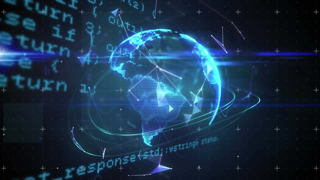 Animation of illuminated globe and connected dots over computer language against black background