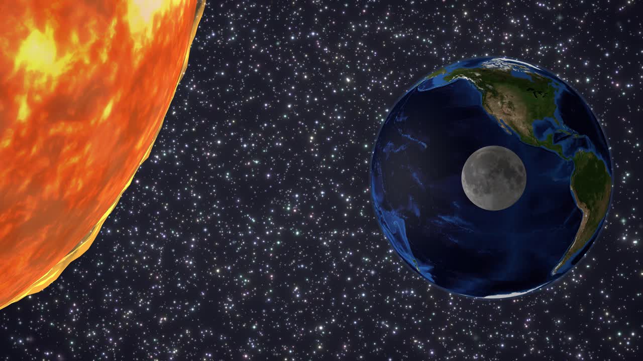Realistic 3D animation of Earth and Moon rotating while orbiting a large glowing sun
