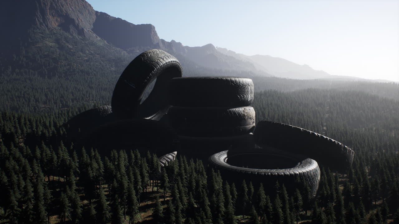 neumáticos de coche abandonados en las montañas