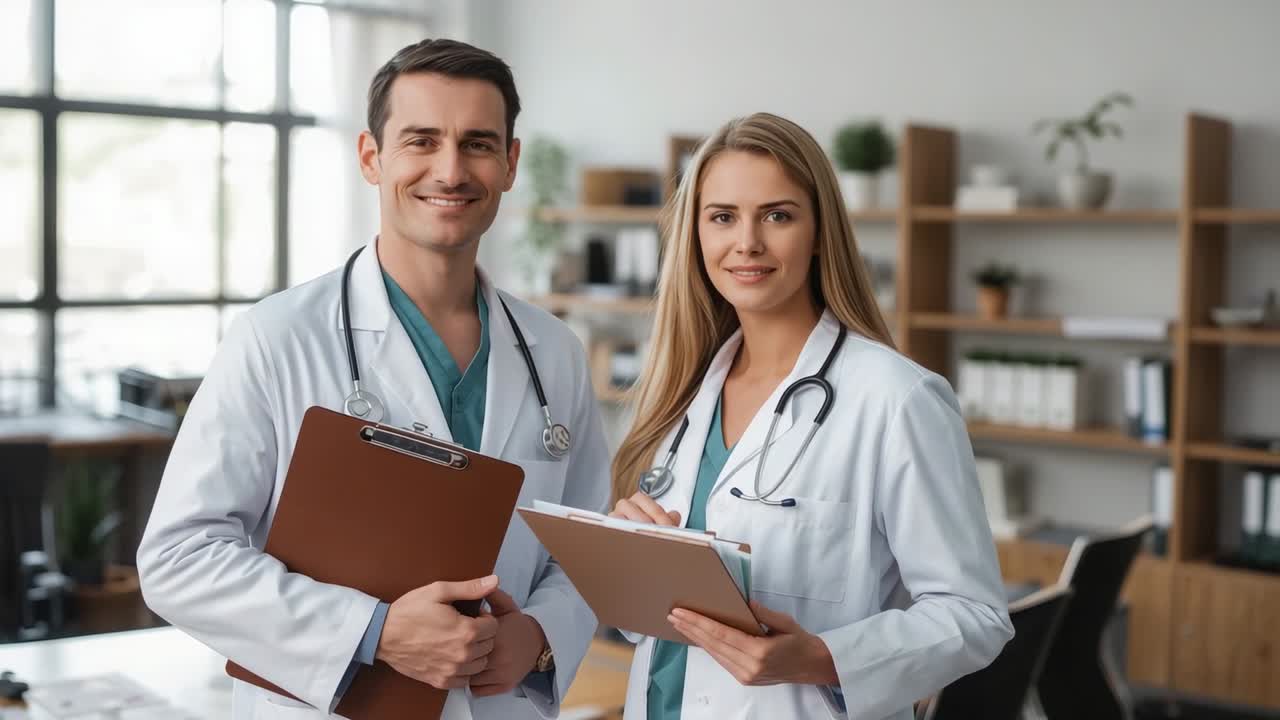 Gravação de câmera de dois médicos de jaleco analisando gráficos com pranchetas em uma clínica, com estetoscópios