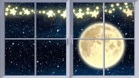 Digitale-Animation-Von-Lichterketten-Am-Fensterrahmen-Vor-Schnee,-Der-Gegen-Den-Mond-Am-Nachthimmel-Fällt