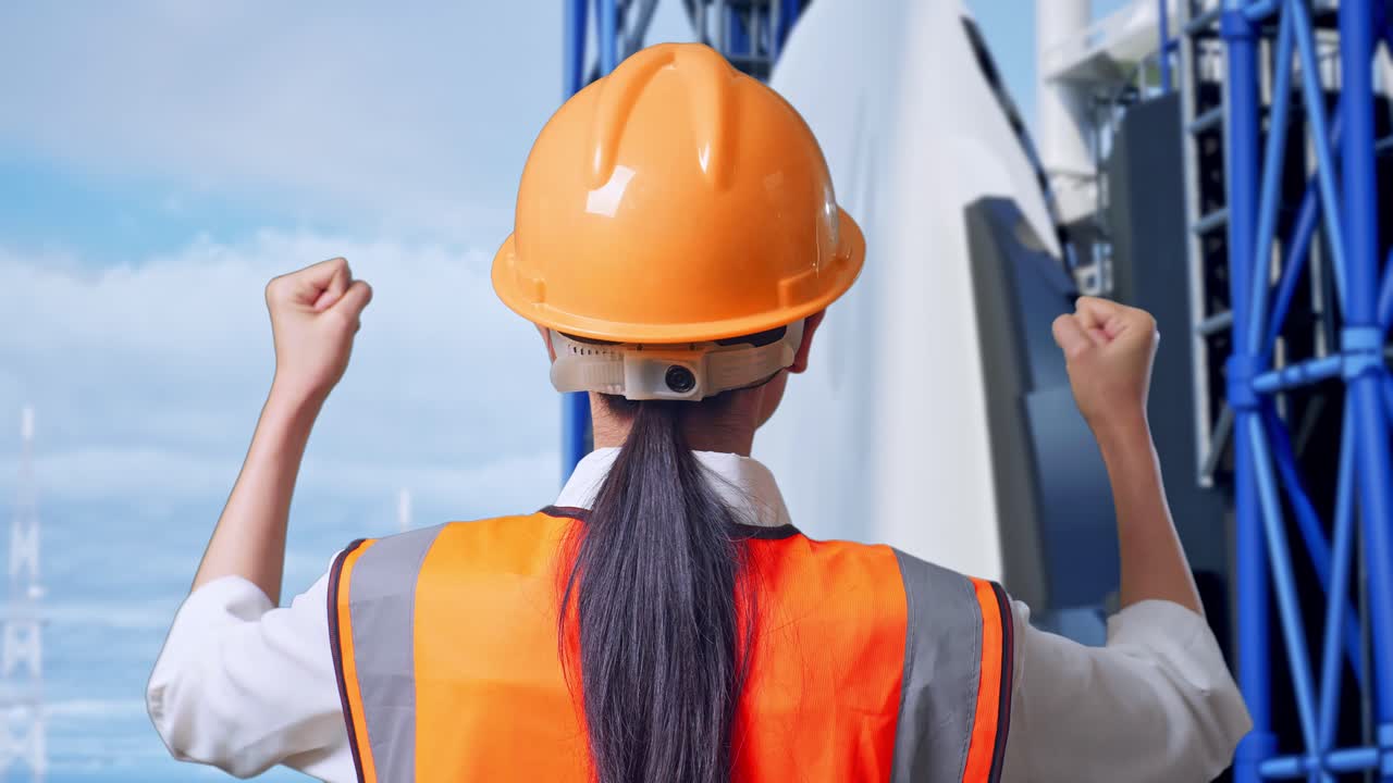 vista posterior cercana de una ingeniera con casco de seguridad levantando las manos celebrando mientras trabajaba con el transbordador espacial