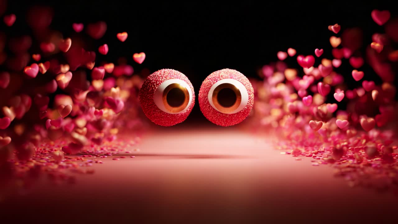Whimsical Encounter: Two Playful Candy Eyes Surrounded by Flowing Hearts in a Dreamy, Colorful Imagery of Love and Delightful Charm That Captivates the Imagination