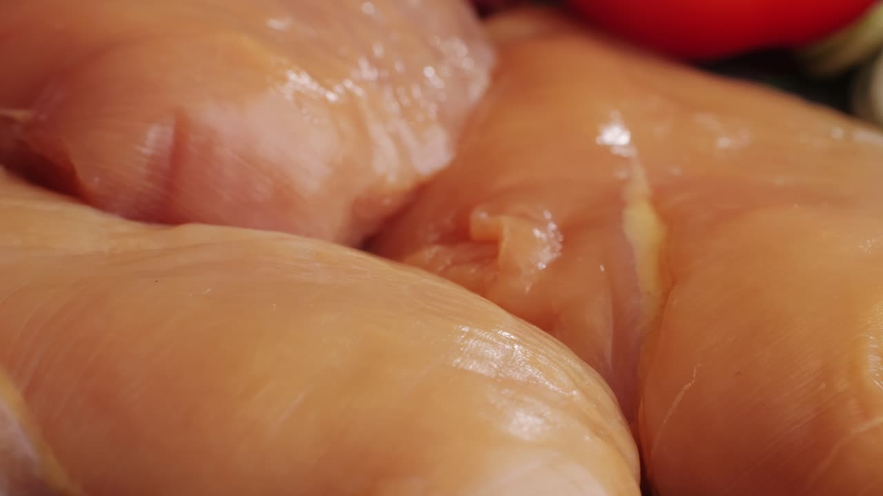 Raw chicken meat on plate close-up. Preparing raw food for cooking. Grilled chicken, duck, turkey kebab with vegetables.