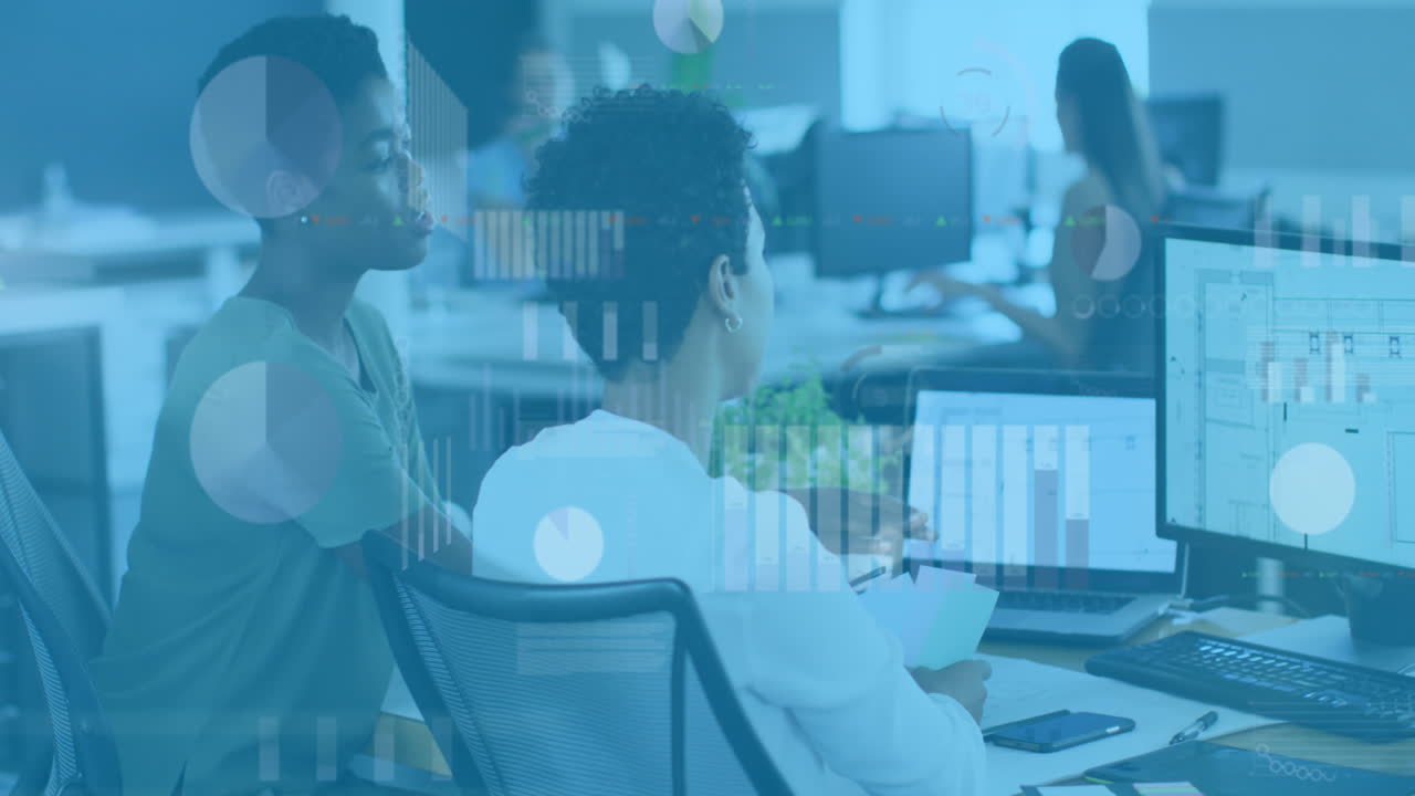 Animation of financial data processing over diverse business people having metting at office