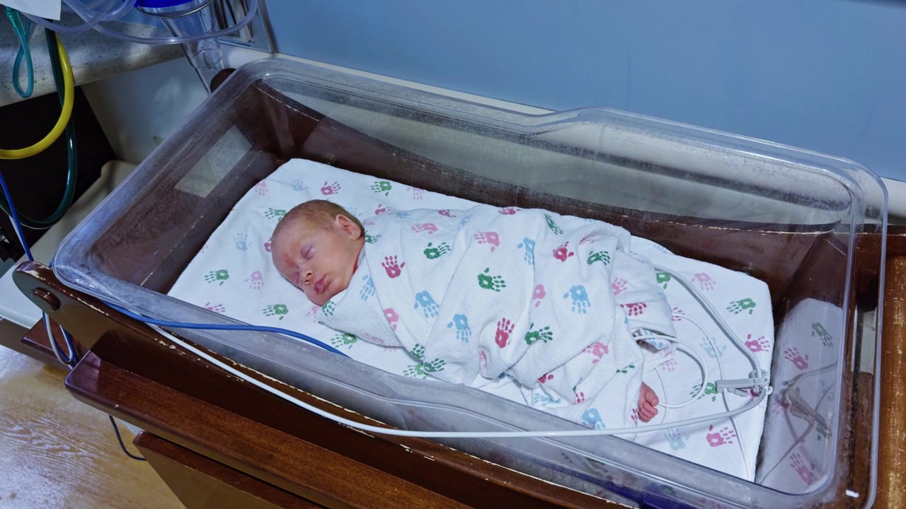 Neonato che dorme pacificamente in culla nell'Unità di Terapia Intensiva Neonatale (UTIN).