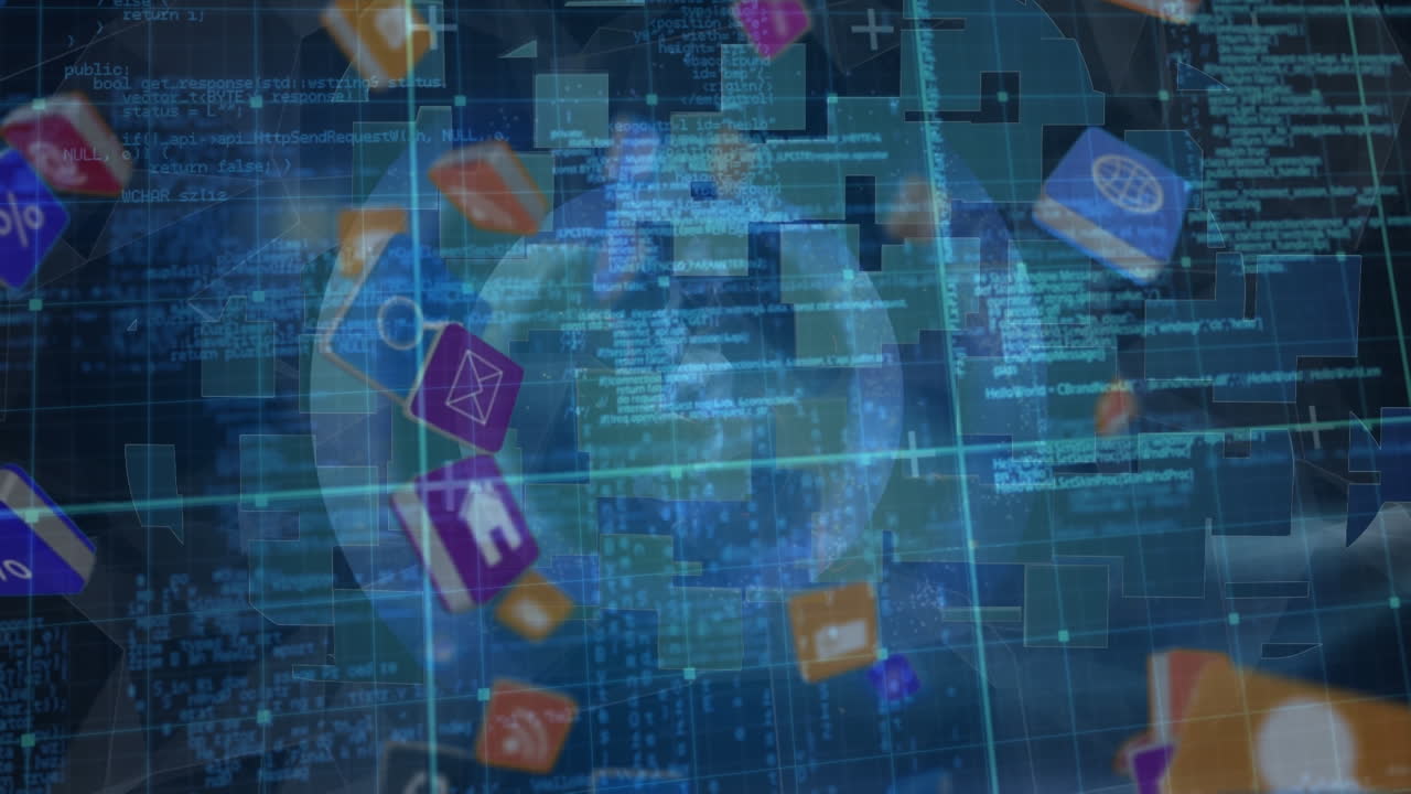 Animation of digital data processing and icons over grid and squares