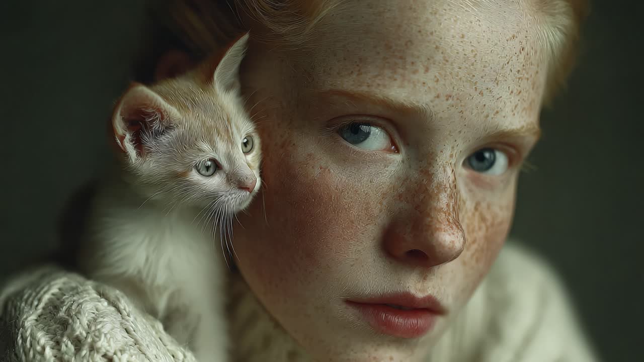 Captivating Portrait of a Young Girl with Striking Freckles and Her Adorable Kitten Companion, Expressing a Moment of Connection and Affection
