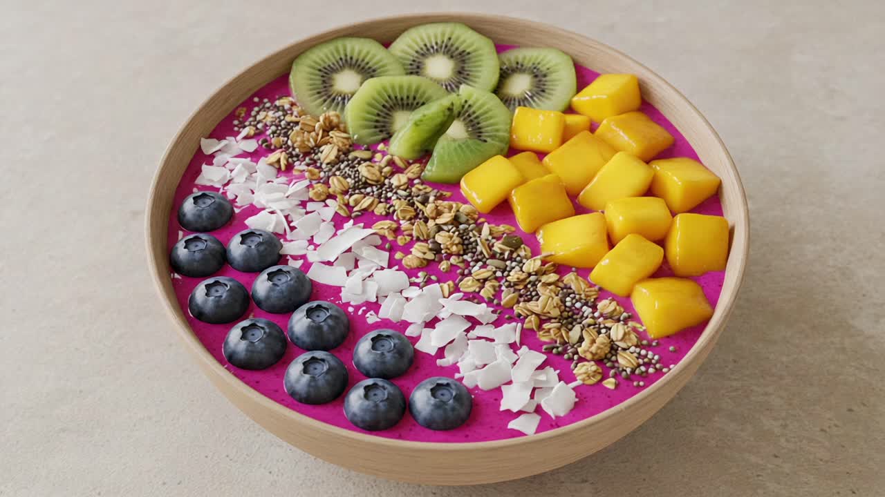 Vibrant and Colorful Fruit Bowl: A Deliciously Healthy Acai Smoothie Bowl Topped with Fresh Kiwi, Mango, Blueberries, and Crunchy Granola for a Nutritious Snack
