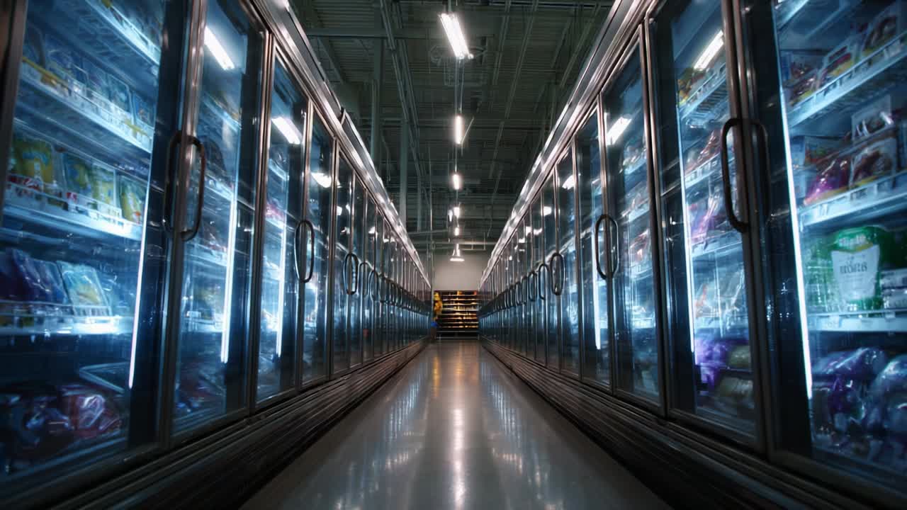 A Captivating View Inside an Aisle of Refrigerated Display Cases Filled with Various Food Products, Highlighting the Illumination and Colorful Packaging That Draws Customers in from Both Ends