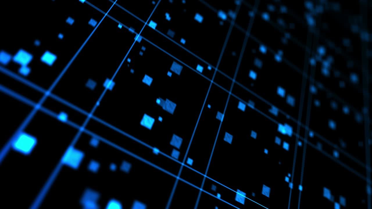 Bright technology of blue neon lines. Business concept. 3D rendering of rotating squares crossing on black background. Loop animation.