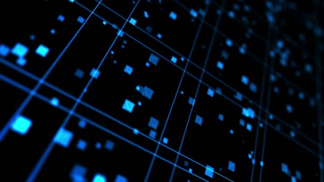 tecnología brillante de líneas de neón azul. concepto de negocio. representación 3d de cuadrados giratorios que se cruzan en fondo negro. animación de bucle.
