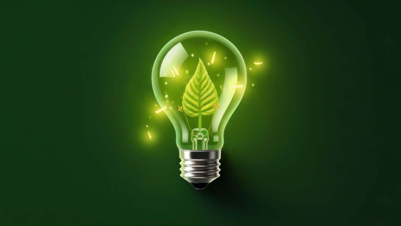 A glowing light bulb with a leaf inside, symbolizing eco-friendly energy