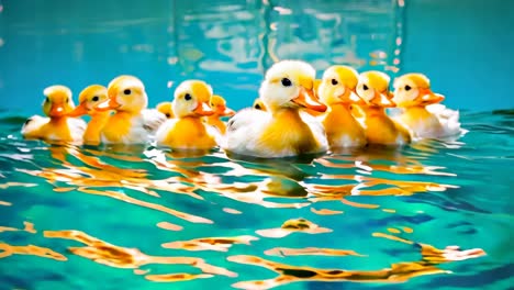 a group of ducklings swimming in a pool of water