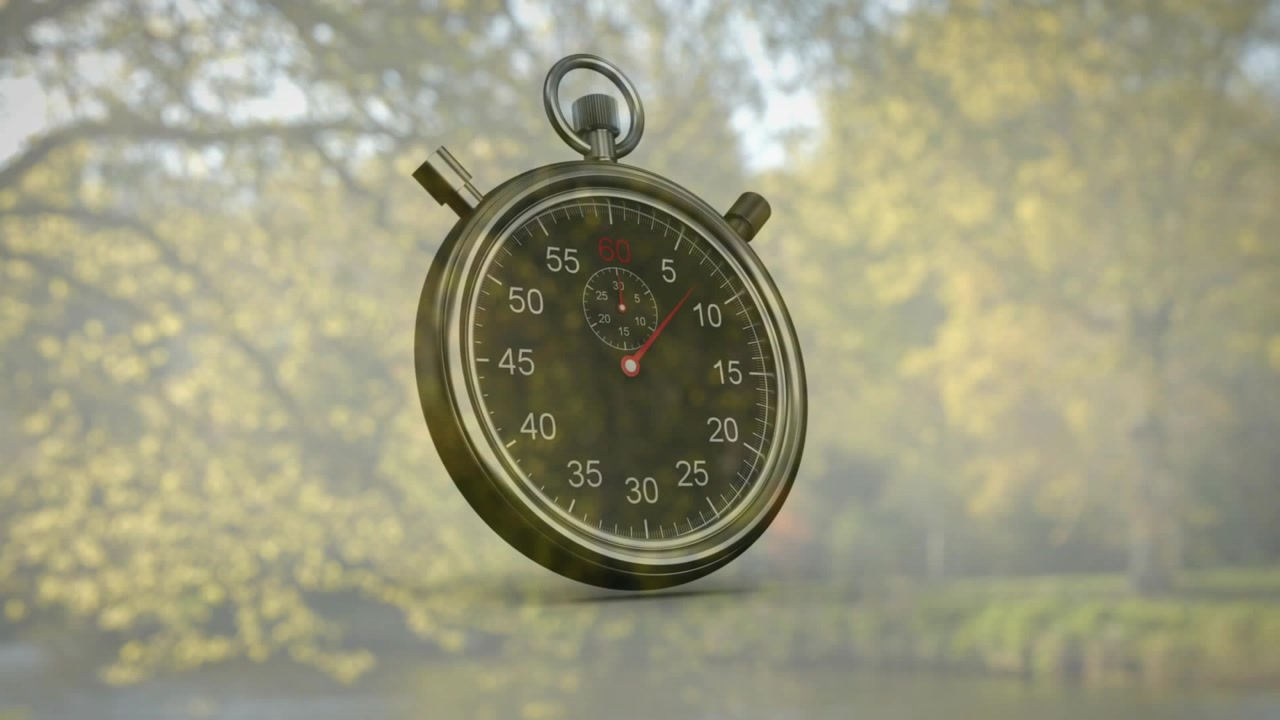 Mechanical stopwatch floating over park, second hand advancing while runner jogging measuring time