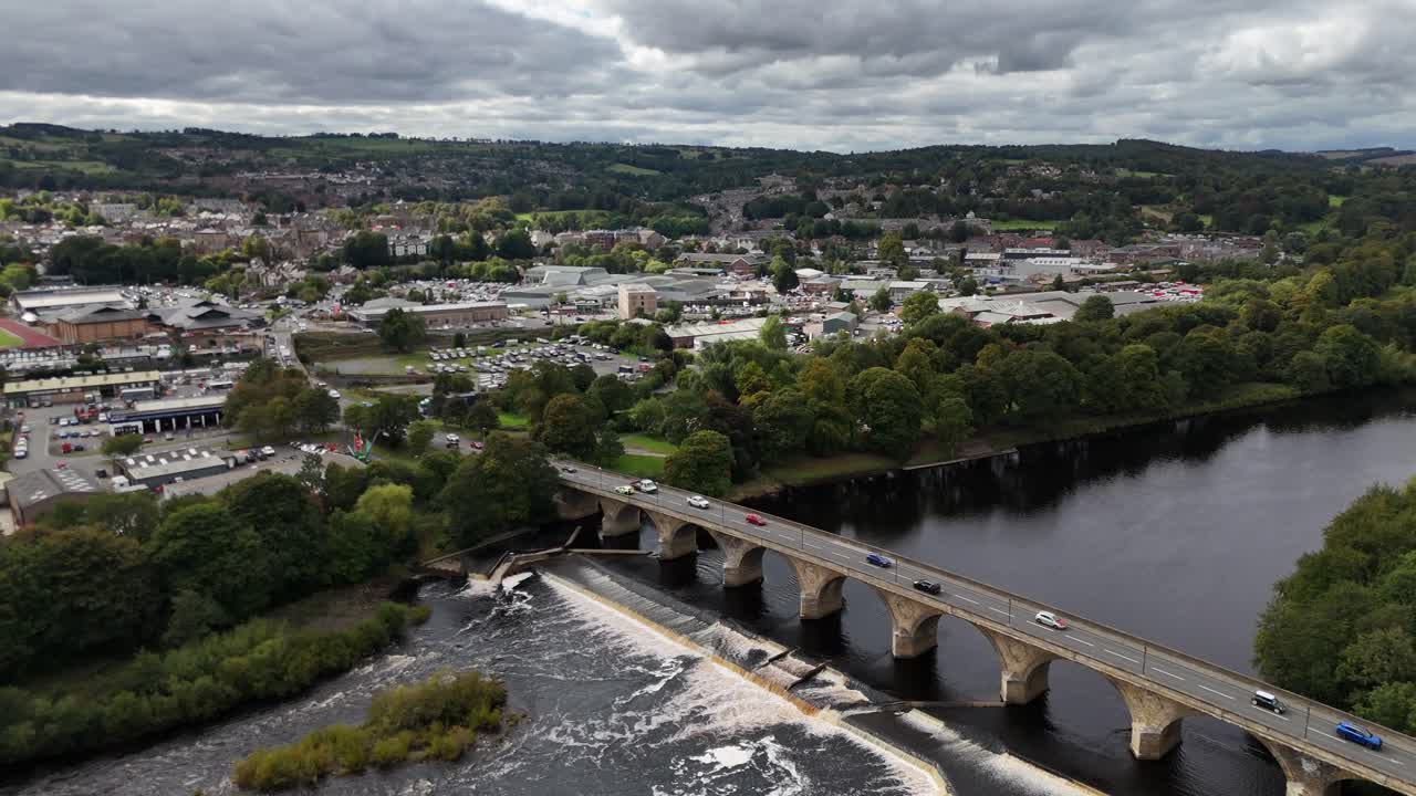 Aerial drone view bridge Hexham north east england northumberland market town city british uk Tynedale