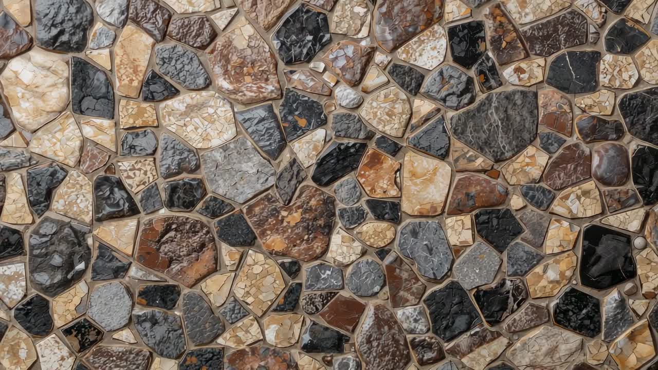 Sliding camera showing stone mosaic on table shifting right and down, exposing nearby stones, grout