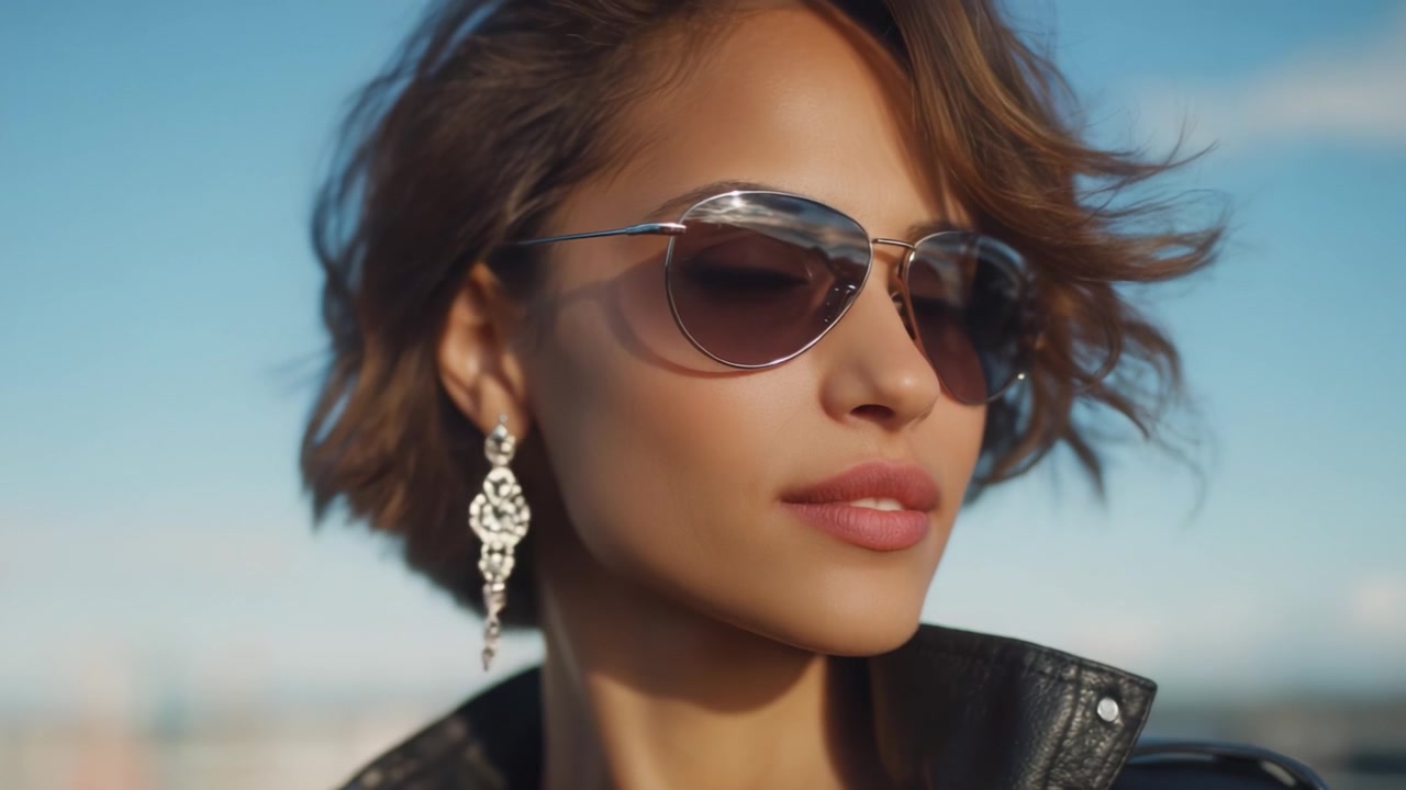 En selvsikker kvinde i stilfulde solbriller og jakke poserer mod en lys himmel, fremviser elegance og attitude med smarte accessories og fejlfri makeup.