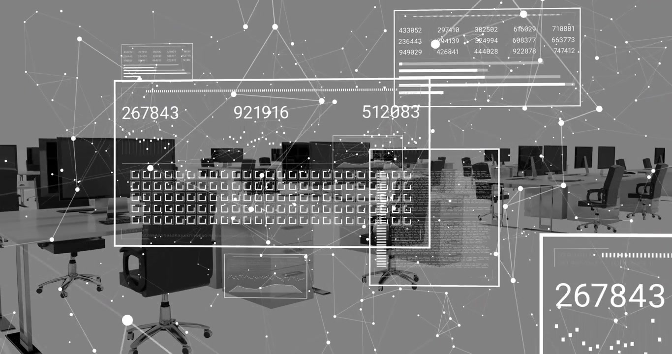 An animation of data processing on computer screens in an office setting