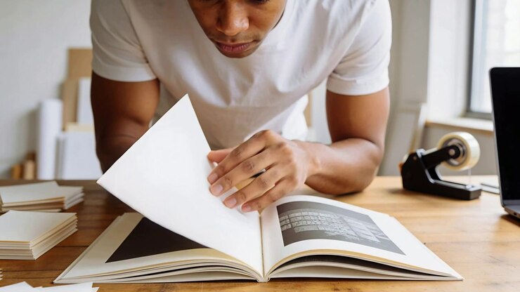 Opening photobook man in white tee checking pages, flipping spreads at table by window for binding