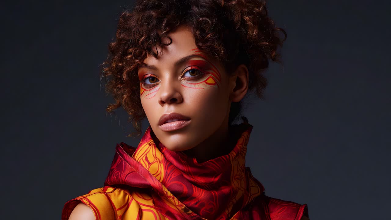 Splendido ritratto di una modella con trucco artistico e abbigliamento colorato, che cattura espressioni e stile unici in una fotografia di alta qualità