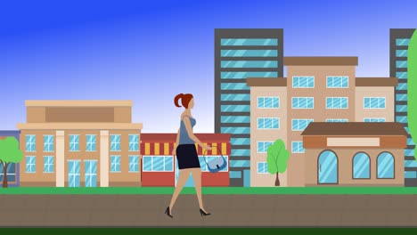 women walking cycle loop around of city background, flat cartoon design animation