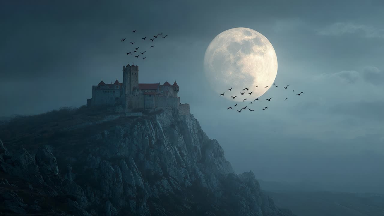 A Majestic Castle Perched on a Windswept Cliff Under a Full Moon, Surrounded by an Enigmatic Sky and Soaring Birds, Evoking Mystical and Haunting Ambiance