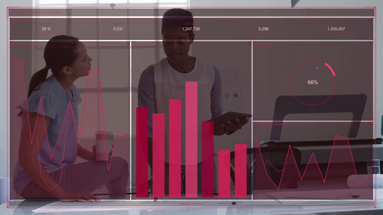 Deux femmes designers examinant des plans, tapotant une tablette et mettant à jour un tableau de bord, la jauge passant de 20 % à 70 %.