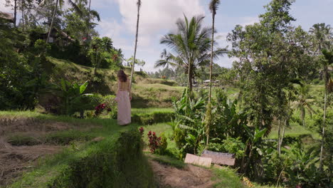 UNESCO-Welterbestätte-Reisterrassen-Tegalalang-Mit-Frau-Im-Kleid,-Die-Die-üppige-Landschaft-Erkundet