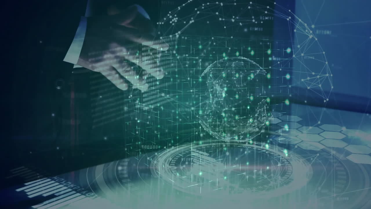 Holographic globe spinning above translucent interface, with credit card device and hexagon grid