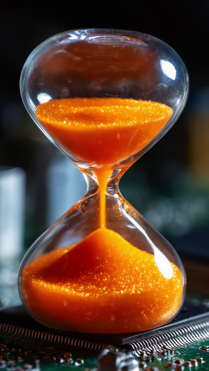 An artistic depiction of an hourglass filled with vibrant orange sand, illustrating the passage of time and the beauty of fluid dynamics in motion