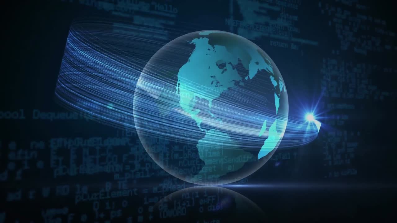 Spinning digital globe against binary codes and light effects