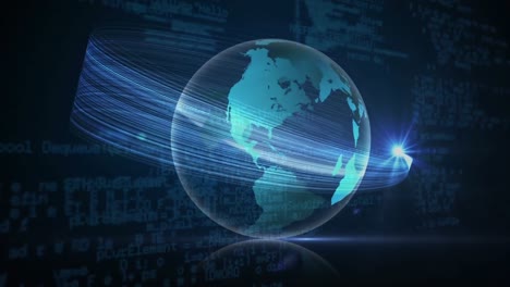 spinning digital globe against binary codes and light effects