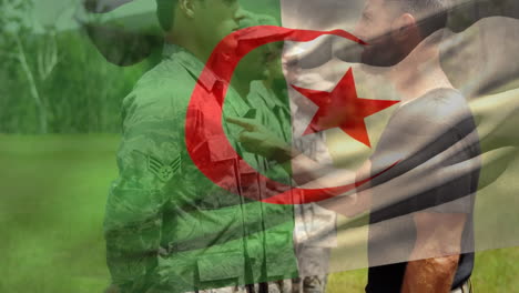 animation of flag of algeria over diverse male soldiers