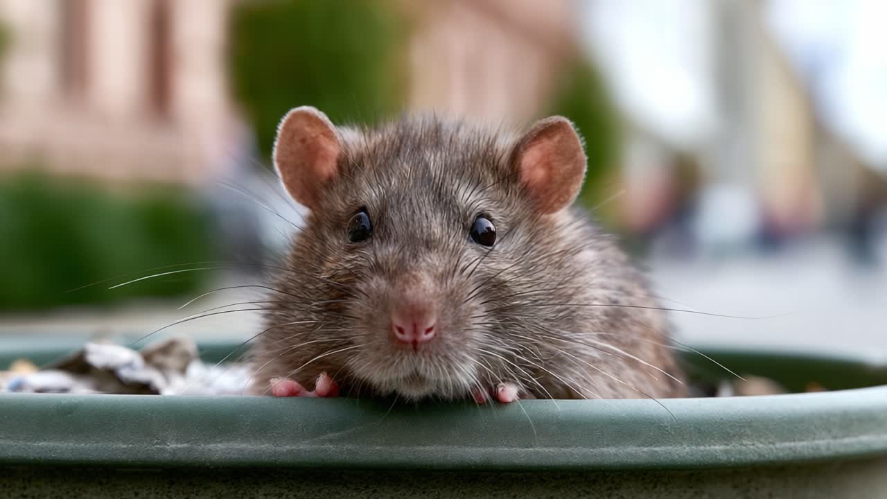 Ratto Curioso che Sbircia da una Ciotola: Momenti Accattivanti di un Piccolo Animale nel suo Habitat Urbano che Evidenziano le Complessità della Natura negli Ambienti Quotidiani