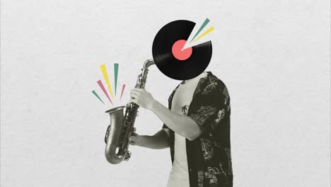 contemporary art collage, modern design. retro style. stylish hipster, man playing saxophone on magazine paper background. stop motion and 2d animation