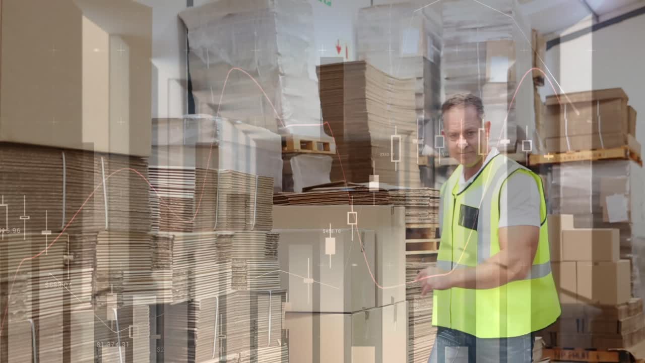 animación de datos financieros sobre trabajadores de almacén caucásicos varones