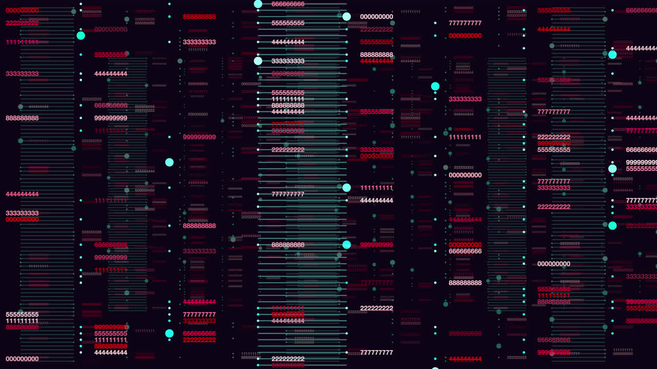 Futuristic abstract data visualization with flowing numbers, scanning lines, and glowing dots on dark background, ideal for technology, cybersecurity, and AI themes