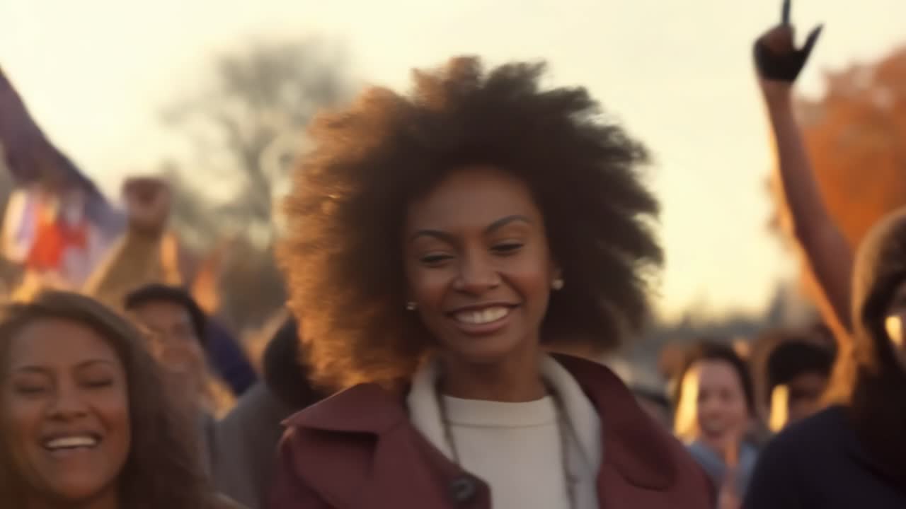Joyful crowd at a rally, captured from a low-angle, highlighting a smiling woman with raised arm