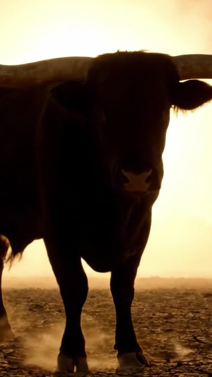 Una maestosa silhouette di un toro si staglia contro uno sfondo brillante illuminato dal sole, irradiando caldi raggi dorati su un paesaggio arido, incarnando forza e resilienza