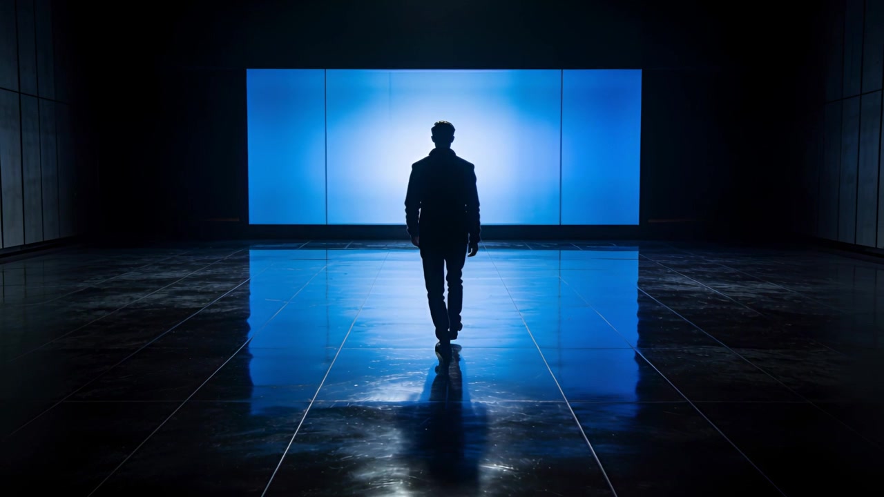 Uomo in silhouette che cammina avanza verso un pannello blu brillante in una galleria, indossando giacca e pantaloni scuri.