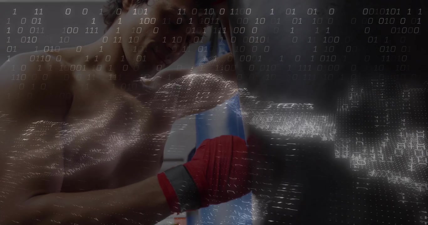 Pugile che testa i colpi leggeri, poi si allena con i pugni al sacco, un esercizio di boxe con guanti rossi e tracciamento binario dei colpi